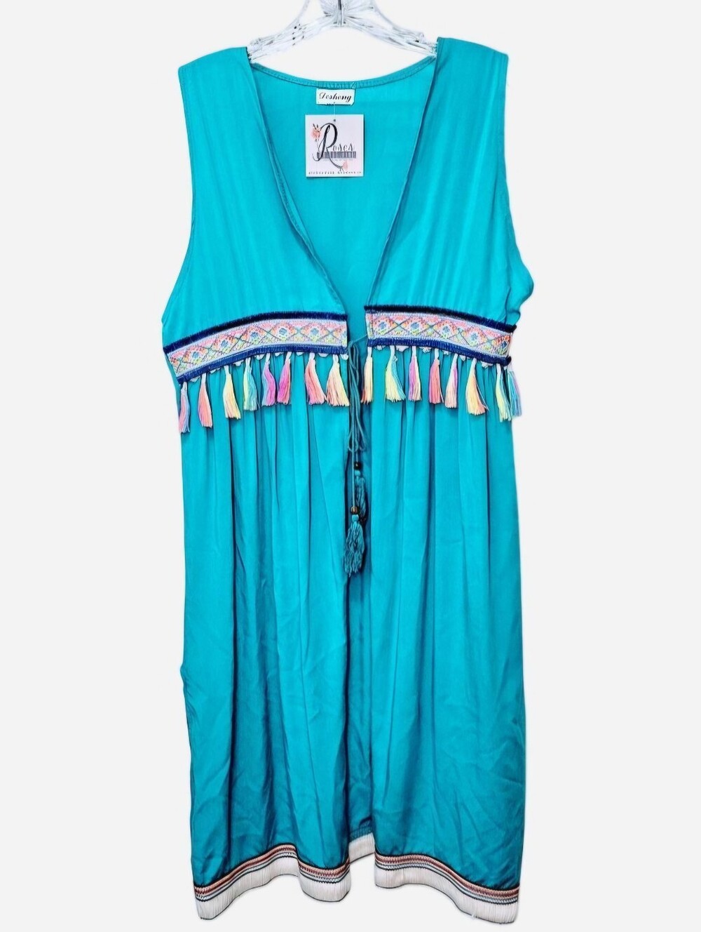 Desheng Sleeveless Summer Kimono Teal with Multicolor Tassels Women's S/M NEW - Picture 1 of 9